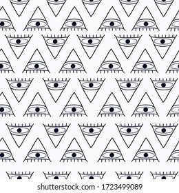 Seamless pattern with black evil mystical eyes on white background in a hand drawn style. Illustration with magic symbols for Wallpaper, fabric, textile, packaging paper design. Vector