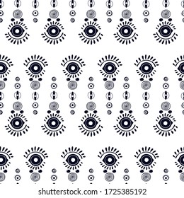 Seamless pattern with black evil mystical eyes on white background in a hand drawn style. Illustration with magic symbols for Wallpaper, fabric, textile, packaging paper design. Vector