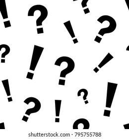 Seamless pattern with black exclamation mark and question mark on white background. Vector illustration