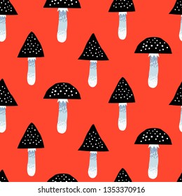Seamless pattern of black exotic, dangerous, poisonous amanita mushrooms. 