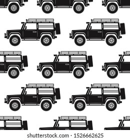 Seamless pattern. Black expeditionary SUV. Off-road jeep. Side view. Vector drawing. Background. Texture.