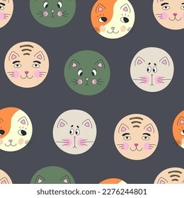 Seamless pattern, black eyes cats. Art background, rounded cat muzzle. Surface design with simple shapes

