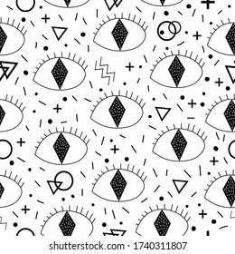 Seamless pattern with black eyes. Doodle style.Black eye. The Memphis style. Vector illustration with psychedelic symbols. Circles, triangles, lines. Psychedelic symbols. Turkish evil eye