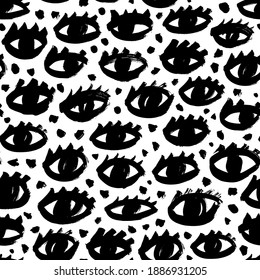 Seamless pattern with black eyes and eyelashes. Repeating hand drawn grunge print of open eyes with dots. Vector ink illustration, monochrome graphic design. Simple style, funny isolated doodles