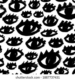 Nahtloses Muster mit schwarzen Augen und Wimpern. Wiederholter handgezeichneter Grunge-Druck mit offenen Augen. Vektorgrafik, einfarbiges Grafikdesign. Einfache Stil, lustige einzelne Dodorgrafik