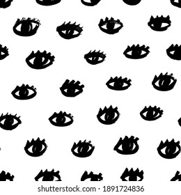 Seamless pattern with black eyes and eyelashes. Repeating hand drawn grunge print of open eyes. Vector ink illustration, monochrome graphic design. Simple style, funny isolated doodles illustration