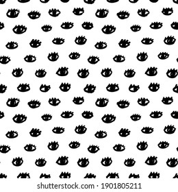 Seamless pattern with black eyes and eyelashes. Repeating hand drawn grunge print of open eyes. Vector ink illustration, monochrome graphic design. Simple style, funny isolated doodles illustration