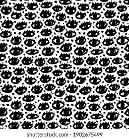 Seamless pattern with black eyes and eyelashes. Repeating hand drawn grunge print of open eyes with dots. Vector ink illustration, monochrome graphic design. Simple style, funny isolated doodles