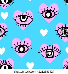 Seamless pattern with black eyes, lashes and heart. Texture background. Wallpaper for teenager girls. Women's fashion style