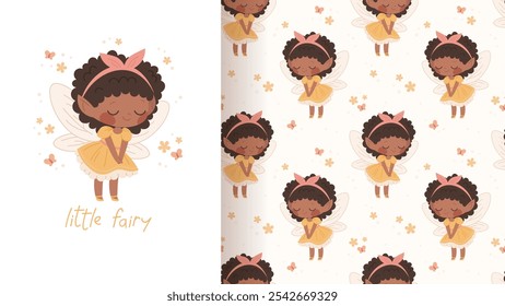 Seamless pattern with black fairy girl in yellow pastel colors. Baby fabric swatch with fairy princess. Vector ornament with elements