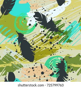 Seamless pattern with black feathers and abstract watercolor stains, paint brushes, freehand strokes