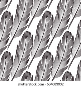 Seamless pattern of black feathers. Contours vector graphics. Style engraving