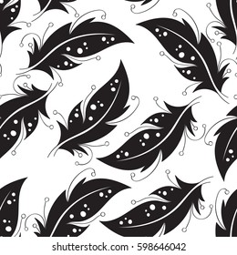 Seamless pattern with black feathers on white background, vector illustration
