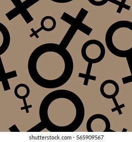Seamless pattern with black female symbols. Female signs different sizes. Pattern on brown background. Vector