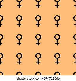 Seamless pattern with black female symbols. Female signs same sizes. Pattern on orange background. Vector