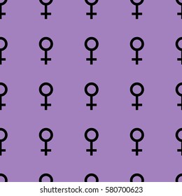 Seamless pattern with black female symbols. Female signs same sizes. Pattern on purple background. Vector
