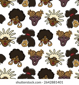 seamless pattern with black females in hand drawn style. Element for poster design banner decoration prints postcards backgrounds wallpaper wrapping packaging textile banner