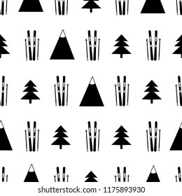 Seamless pattern with black fir, skis and mountain on the white background. Vector illustration
