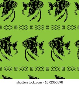 Seamless pattern of black fish, green background, doodle style, outline, simple, wildlife, underwater, sea, ocean, tropical, aquarium, backdrop, paper, typography, clothing, gift paper, wrapper, fish