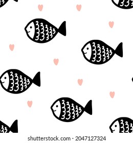 Patrón sin foco con peces y corazones negros, impresión simple para papel pintado, cubierta, textil infantil, decoración infantil, diseño interior, moda para bebés, fondo violeta, ilustración submarina, vida oceánica. 