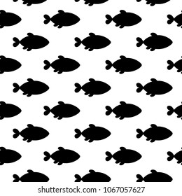 Seamless Pattern with Black Fish Icons on White. Vector Illustration. Cartoon Style. Decorative Design for Travel, Fishing, Holidays, Education and  Web Backgrounds. Wrapping Paper or Textile Design.