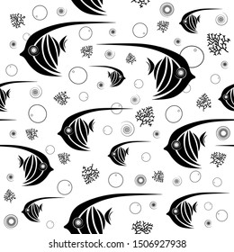 Seamless pattern. Black fish on white backround. Vector graphic illustration.