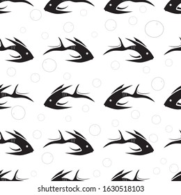 Seamless pattern. Black fish on white backround. Vector graphic illustration.