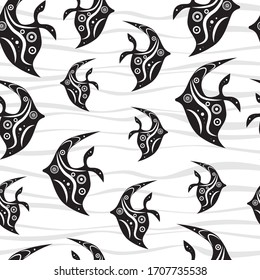  Patrón sin problemas. Pescado negro sobre fondo blanco. Ilustración gráfica vectorial.