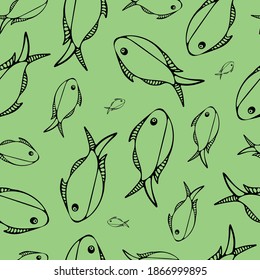Patrón sin foco con peces negros sobre fondo verde. Repetir el diseño de patrón para impresión, papel de pared, papel de envoltura, cubierta, textil.
