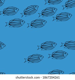 Seamless pattern with black fish on blue background. Repeat pattern design for print, wallpaper, wrapping paper, cover, textile.