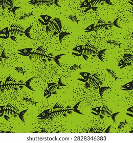 Seamless pattern with black fish skeletons and bones on a bright green background. Vector illustration with piranha fish skulls, spines, and grunge splatter texture. Edgy punk gothic style aquatic background.