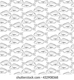 Seamless pattern black fish white background. Graphic illustration of menu design, packaging bags, recipes, textiles.