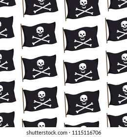 Seamless pattern of black flag on white background. Pirate flag with a skull. Wallpapers for children's parties, clothes, textiles. Hand drawing in cartoon style. Vector illustration.