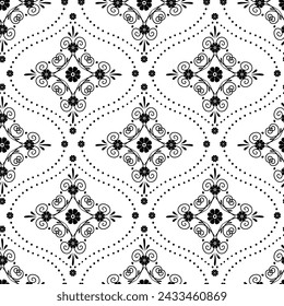 Seamless pattern with black floral ogee geometrical motifs on a white background. Monochrome classic abstract repeat wallpaper.