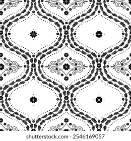 Padrão contínuo com motivos geométricos ogee florais pretos em um fundo branco. Monocromático clássico abstrato repetir papel de parede.
