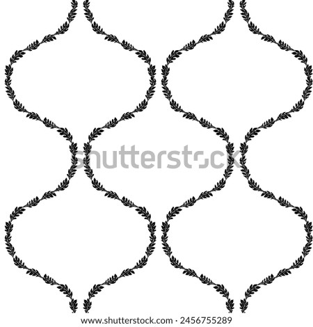 Seamless pattern with black floral ogee geometrical motifs on a white background. Monochrome classic abstract repeat wallpaper.