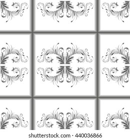 Seamless pattern black floral ornament in volumetric squares, white tiles with black vintage ornament in the center, vector illustration