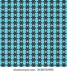 Seamless pattern with black floral or star shapes on a vibrant blue background. Repetitive geometric design perfect for textiles, fabric, wallpaper, wrapping paper, digital scrapbooking