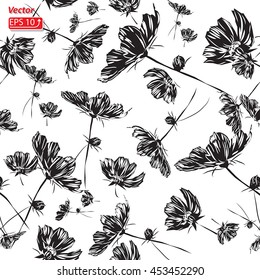 seamless pattern black flower cosmos isolated on white background vector illustration