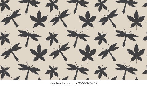 Seamless pattern with black flower and dragonflies. Floral textures for backgrounds, wallpapers, textiles and fashion.