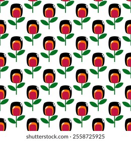 Seamless pattern with black Flower on white background. 