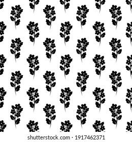 Seamless pattern with black flower sprigs. flat blossoms on white background. Vector floral wallpaper. Nature eco ornament for print. 