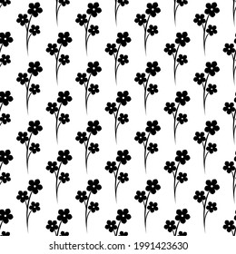 Seamless pattern with black flower sprigs. flat blossoms on white background. Vector floral wallpaper. Nature eco ornament for print. 