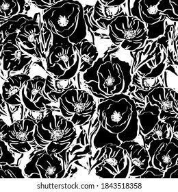 seamless pattern of black black flowers. Botanical monochrome elegant pattern. hand drawn vector illustration
