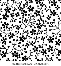 Seamless pattern of black flowers and black contour branches. On a white background.