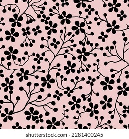 Nahtlose Muster von schwarzen Blumen und schwarzen Konturen. Auf rosafarbenem Hintergrund.