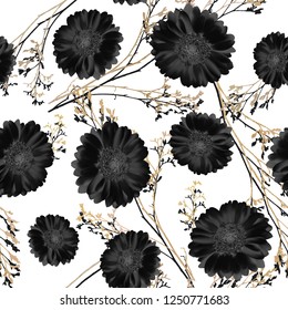 Seamless pattern with black flowers and gold plant branch. Gerbera isolated mesh. 3d illustration. Vector
