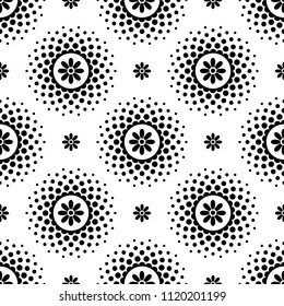 Seamless pattern with black flowers and halftone circle frame on white background. Halftoned Dots With Fade Effect of Halo
