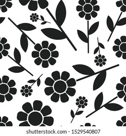 Seamless pattern. Black flowers isolated on white background. Vector drawing. Texture.