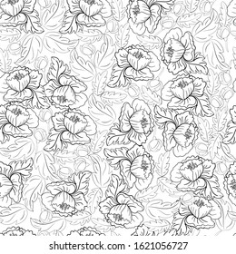 Seamless pattern with black  flowers and leaves on a white background. Suitable for fabric, wrapping paper, wallpaper, bags, clothes, dishes, cases on smartphones and tablets, wallets.